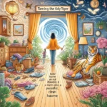 Taming the Tidy Tiger’ depicting a journey from clutter to tranquility, highlighting personalized cleaning plans, room-by-room strategies, and daily habits for a serene home